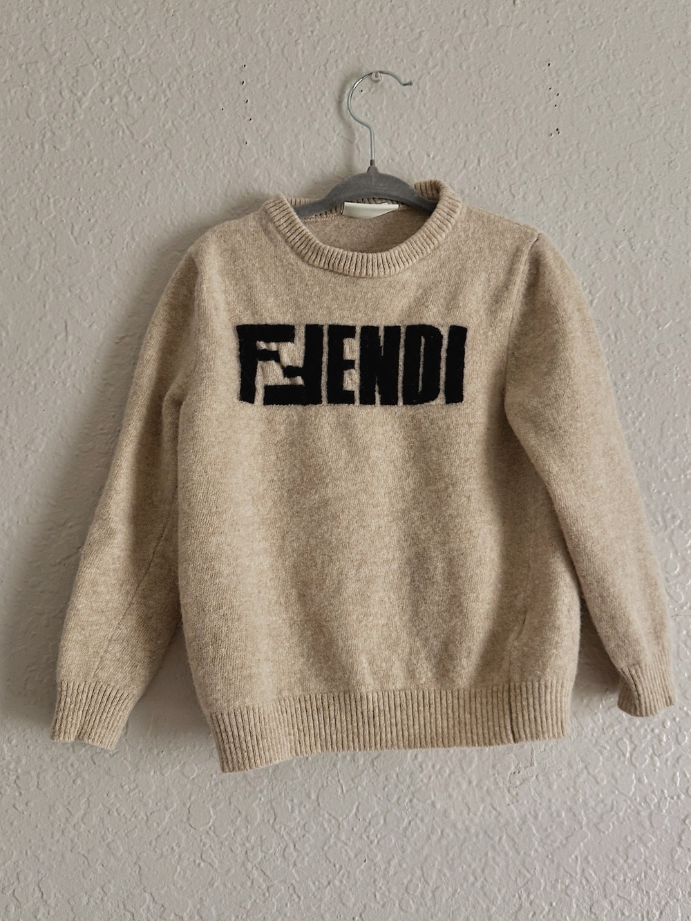 Fendi Kids Beige Logo Wool Crewneck Sweater